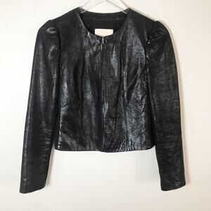 Rebecca Taylor Black Lamb Leather Cropped Jacket Shimmer Sz 2